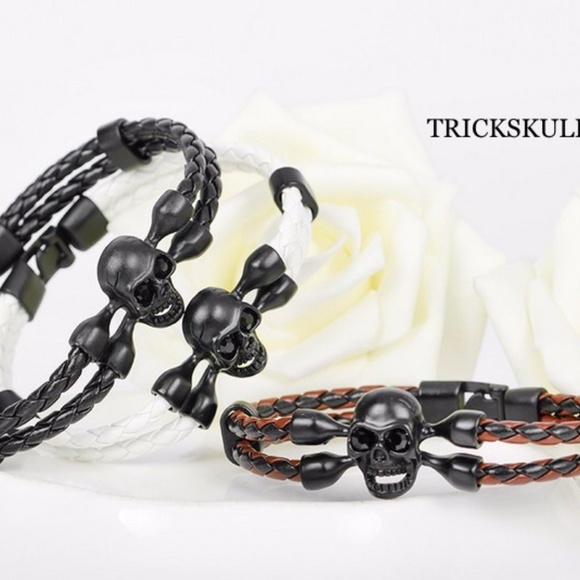 Womens Steel & Leather BLACK Braided Skull & Crossbones Cuff Bracelet 8 1/4” in - Picture 8 of 10